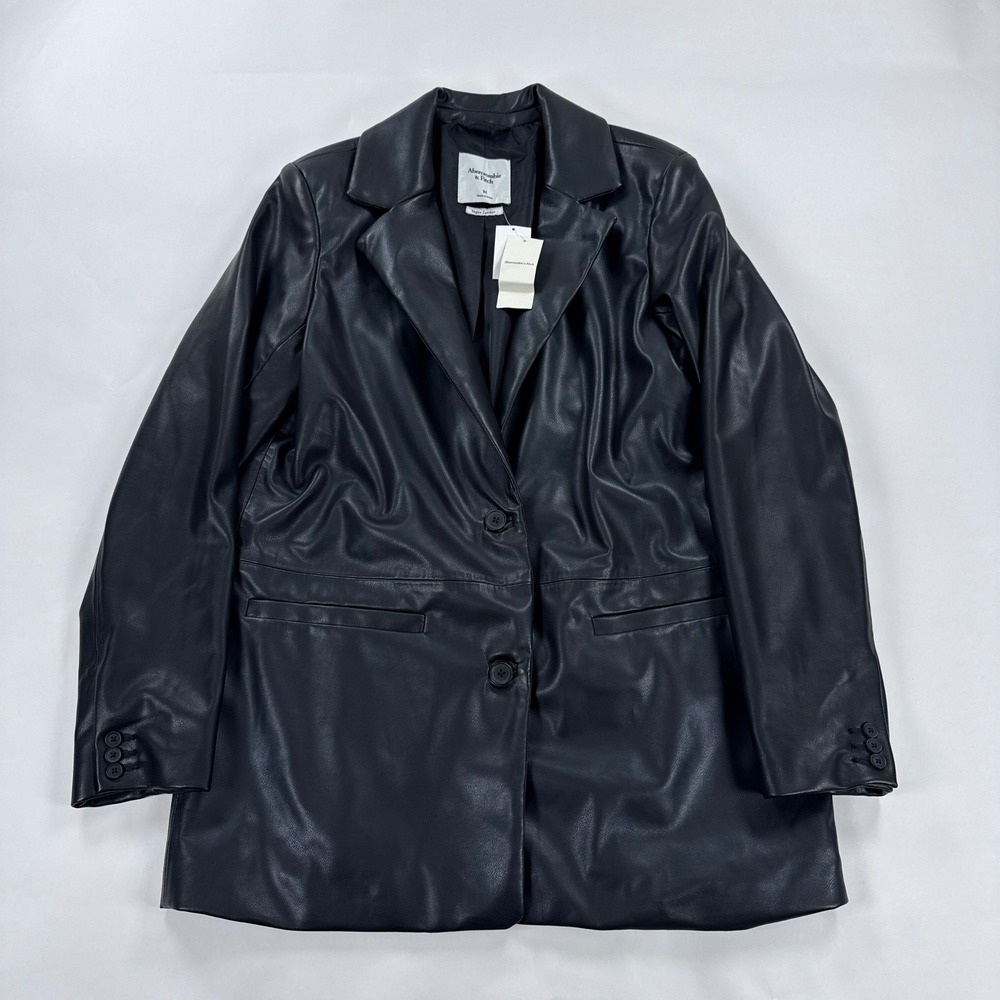 Abercrombie & Fitch Womens Blazer M Black Vegan Leather Two Button Modern Edgy